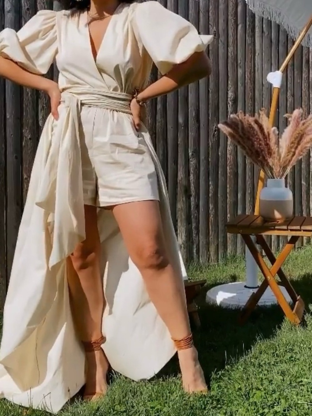 WinWin Cream Wrap Romper with Puff Sleeves